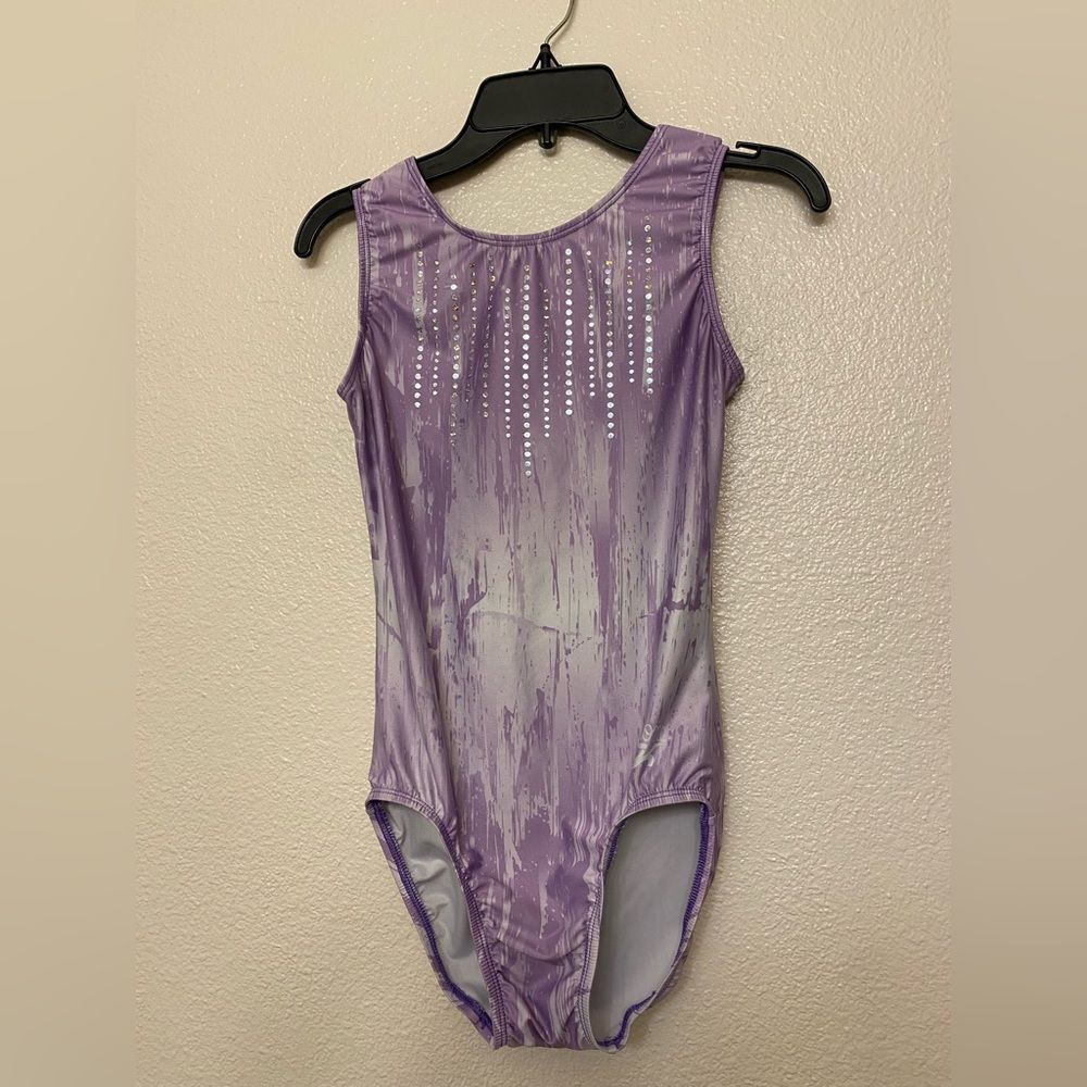 GK elite gymnastics competition leotard sleeveless lavender sequin MA adult